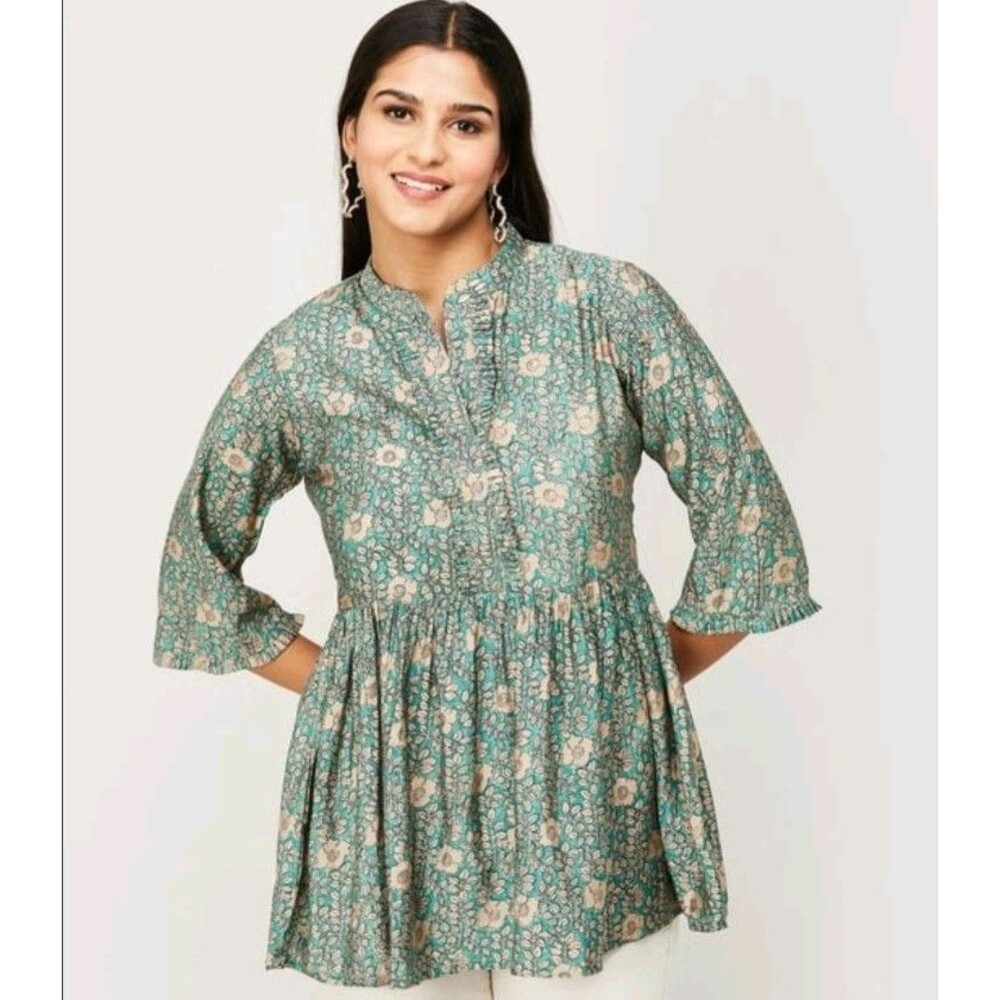 LIBAS Boho Green Floral‎ Cottagecore Kurti Tunic A-Line Top Size M/L Fairycore